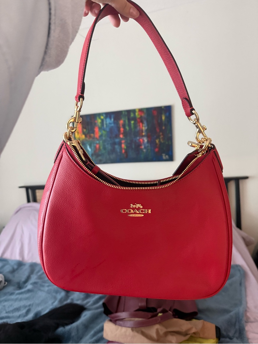Coach Red Leather Shoulder Bag with Gold Hardware